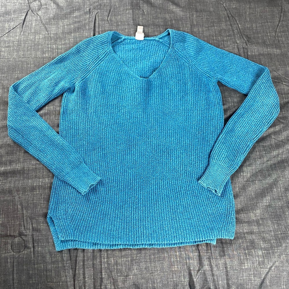 JCPenney Blue Ribbed V Neck Long Sleeve Sweater Size Small